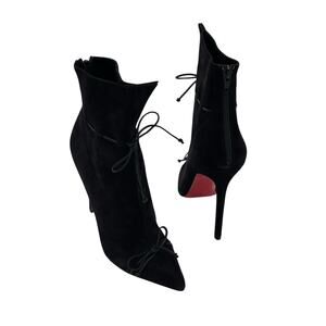 Christian Louboutin Suede Lace Up Pointed Toe Bow Ankle Zip Boots Black Size 37
